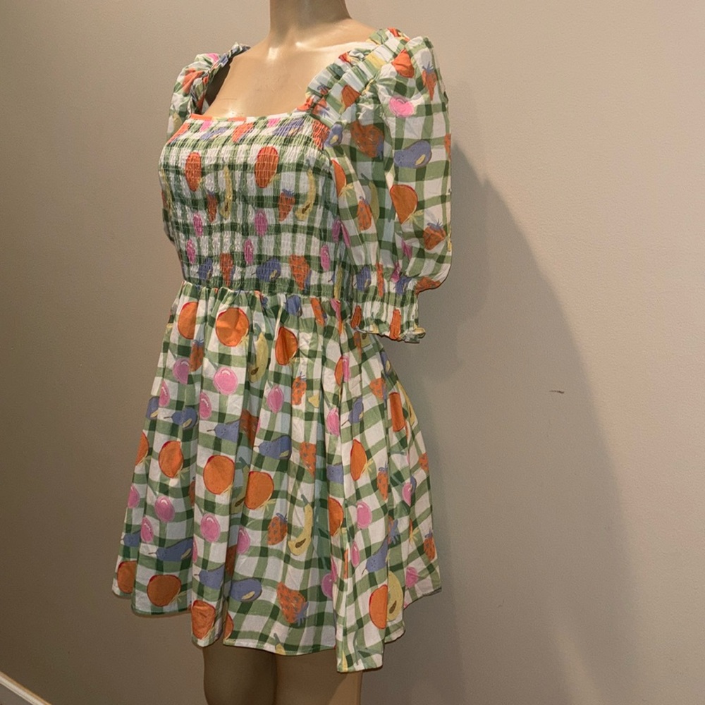 DAVI & DANI FRUITS PRINTED SMOCKING MINI DRESS size L NWT - Picture 8 of 9